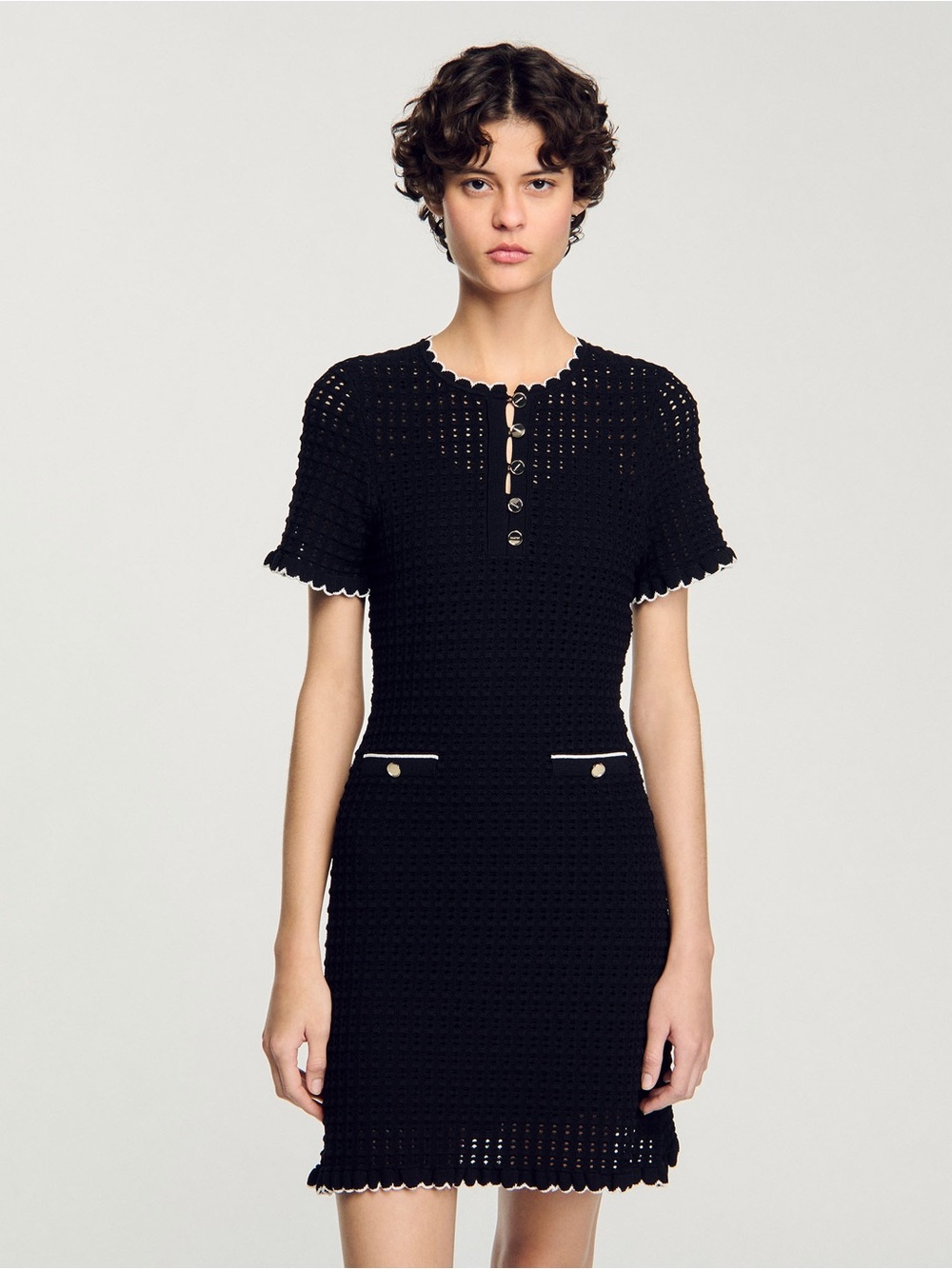 SANDRO Mini Openwork Knit Button Dress in Black / White - EST 4